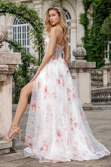 Flor De Marfil Una Línea Novia Corsé Bordado Vestido Largo De Fiesta Con Abertura